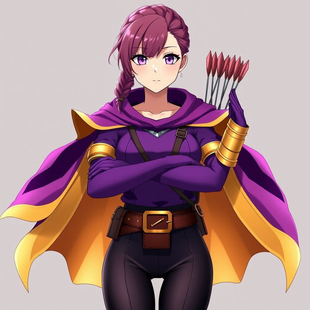 An anime woman with enchanting purple eyes and deep pink eyebrows, sporting short hair styled into a braided ponytail that adds a playful touch to her look