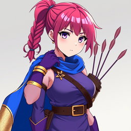 An anime woman with captivating purple eyes and deep pink eyebrows, showcasing her striking appearance with short deep pink hair styled into a braided ponytail for a playful yet fierce look