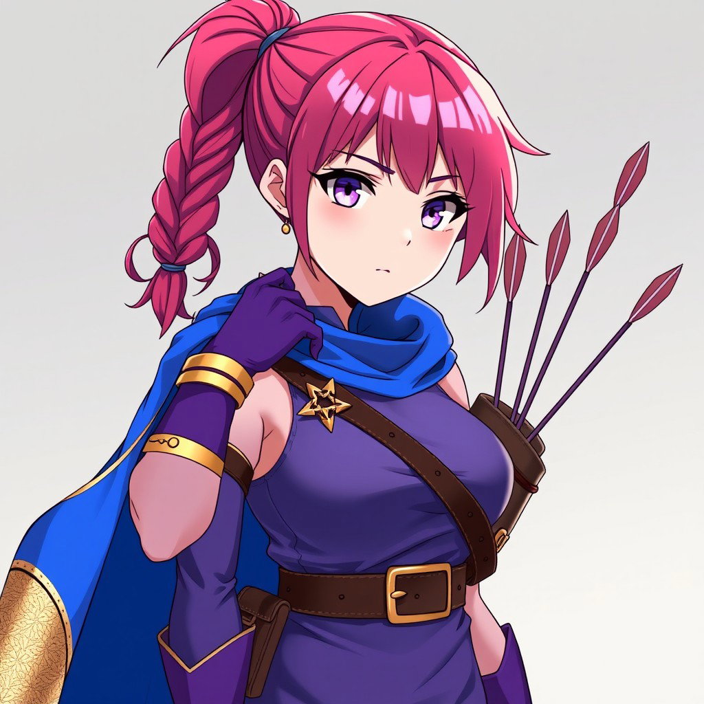 An anime woman with captivating purple eyes and deep pink eyebrows, showcasing her striking appearance with short deep pink hair styled into a braided ponytail for a playful yet fierce look