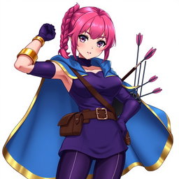 An anime woman with captivating purple eyes and deep pink eyebrows, showcasing her striking appearance with short deep pink hair styled into a braided ponytail for a playful yet fierce look