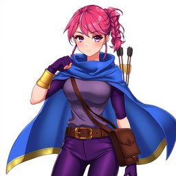 An anime woman with captivating purple eyes and deep pink eyebrows, showcasing her striking appearance with short deep pink hair styled into a braided ponytail for a playful yet fierce look