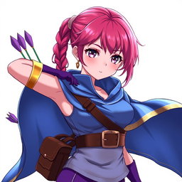 An anime woman with captivating purple eyes and deep pink eyebrows, showcasing her striking appearance with short deep pink hair styled into a braided ponytail for a playful yet fierce look