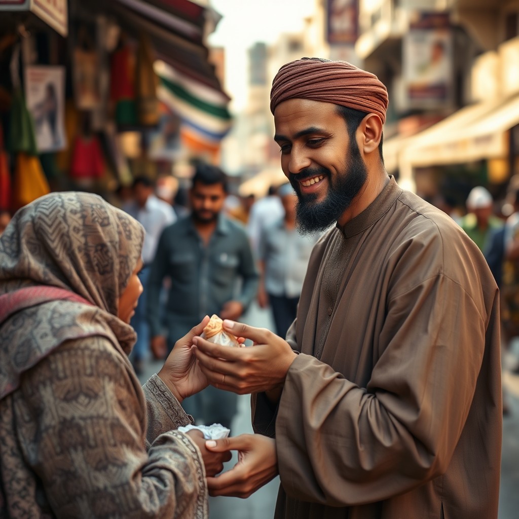 A compassionate Muslim man giving charity to a needy person on a bustling street