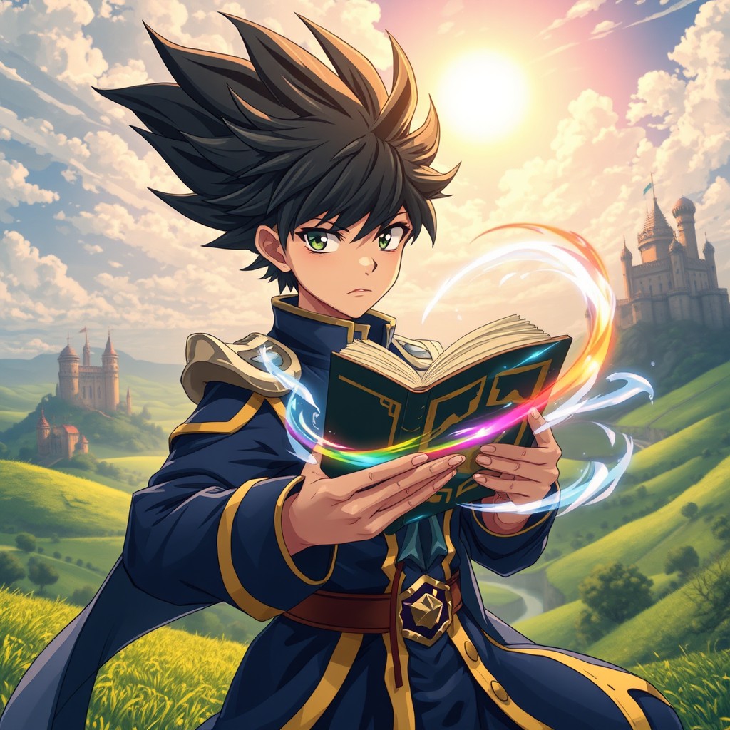 A captivating scene inspired by the anime Black Clover, focused on a young hero with wild black hair and a determined expression, wearing a classic magic knight uniform in shades of blue and gold