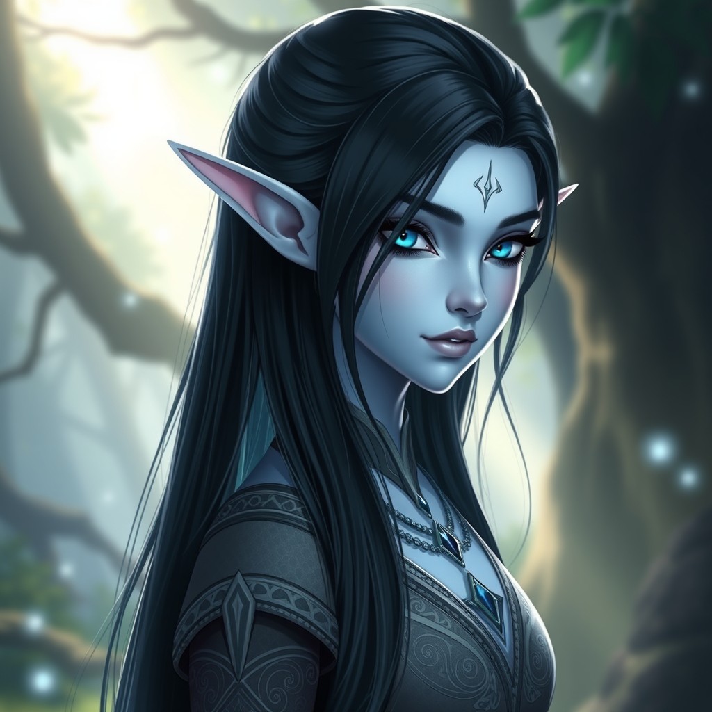 A noble elf character with long black hair cascading down their shoulders, featuring pale blue skin that glows softly in a natural setting