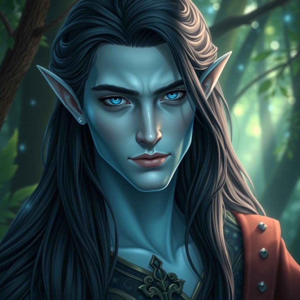 A noble elf man with long black hair that flows elegantly down his back, featuring pale blue skin that glimmers softly in an enchanting forest setting