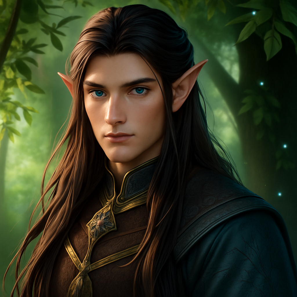A noble elf character with long black hair cascading down their shoulders, featuring a more natural skin tone with a hint of pale