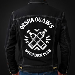 A stylish black denim jacket featuring a striking white design on the back