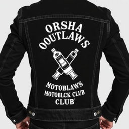 A stylish black denim jacket featuring a striking white design on the back