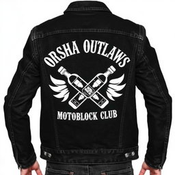 A stylish black denim jacket featuring a striking white design on the back