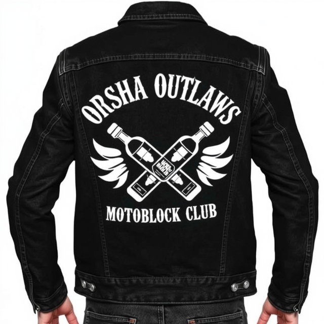 A stylish black denim jacket featuring a striking white design on the back