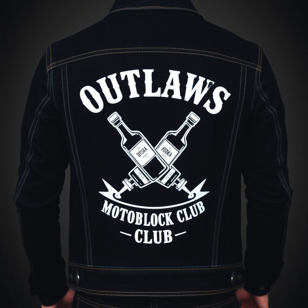 A stylish black denim jacket featuring an eye-catching white design on the back