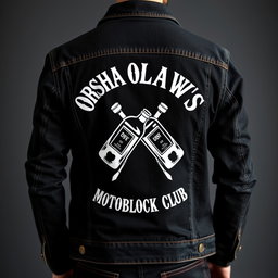 A stylish black denim jacket featuring an eye-catching white design on the back