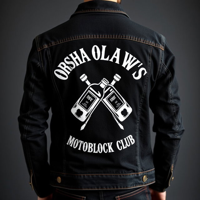 A stylish black denim jacket featuring an eye-catching white design on the back