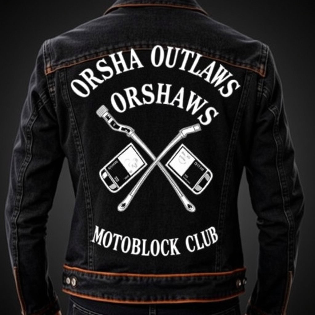 A fashionable black denim jacket adorned with a striking white design on the back