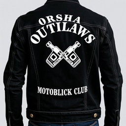 A fashionable black denim jacket adorned with a striking white design on the back