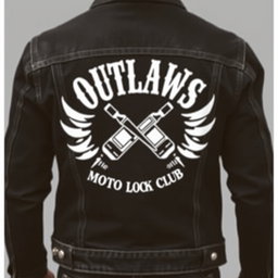 A fashionable black denim jacket adorned with a striking white design on the back
