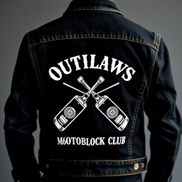 A fashionable black denim jacket adorned with a striking white design on the back