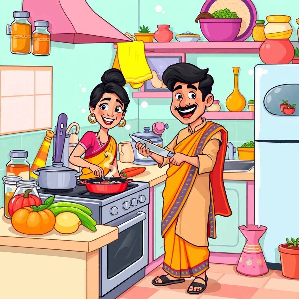 A colorful cartoon illustration of a cheerful desi husband and wife in a vibrant kitchen setting