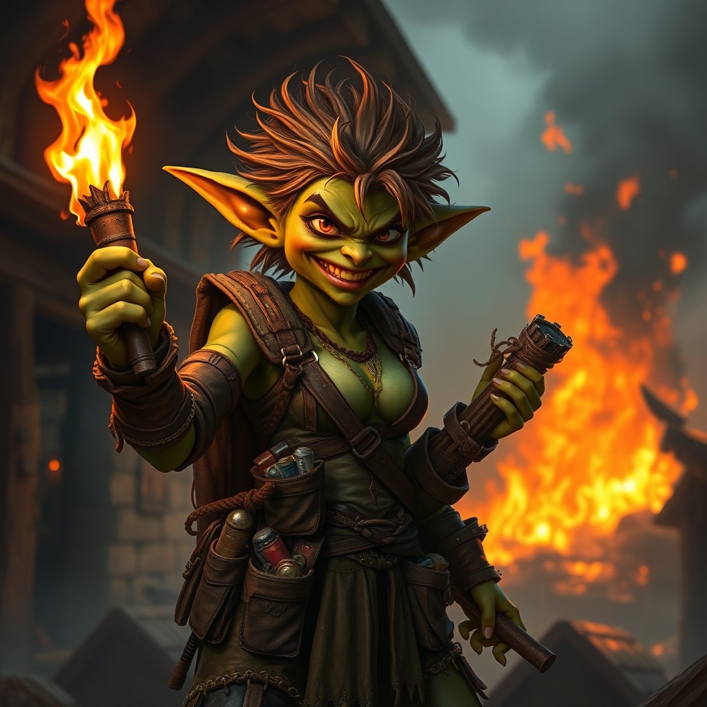 A fierce female goblin arsonist with wild hair and mischievous green skin holds a blazing torch in one hand and a bundle of flammable materials in the other