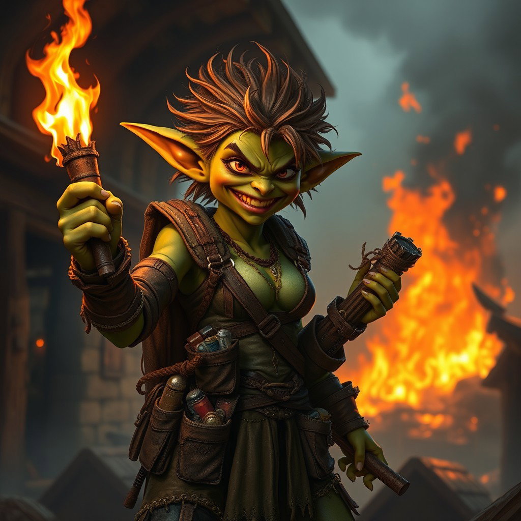 A fierce female goblin arsonist with wild hair and mischievous green skin holds a blazing torch in one hand and a bundle of flammable materials in the other
