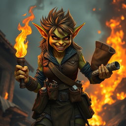 A fierce female goblin arsonist with wild hair and mischievous green skin holds a blazing torch in one hand and a bundle of flammable materials in the other