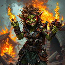 A fierce female goblin arsonist with wild hair and mischievous green skin holds a blazing torch in one hand and a bundle of flammable materials in the other