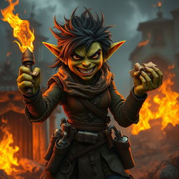 A fierce female goblin arsonist with wild hair and mischievous green skin holds a blazing torch in one hand and a bundle of flammable materials in the other