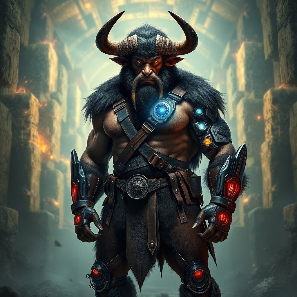 A powerful Minotaur man stands tall, featuring a muscular physique covered in dark fur and imposing horns