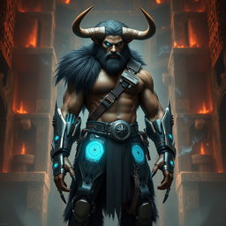 A powerful Minotaur man stands tall, featuring a muscular physique covered in dark fur and imposing horns