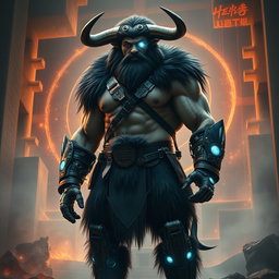 A powerful Minotaur man stands tall, featuring a muscular physique covered in dark fur and imposing horns