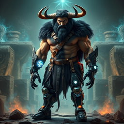 A powerful Minotaur man stands tall, featuring a muscular physique covered in dark fur and imposing horns