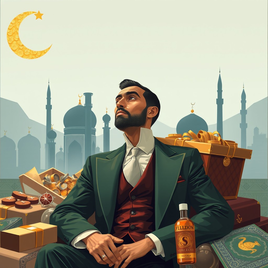 A contrasting scene depicting a wealthy individual, elegantly dressed, surrounded by luxury items, looking contemplative yet rejecting their lavish lifestyle