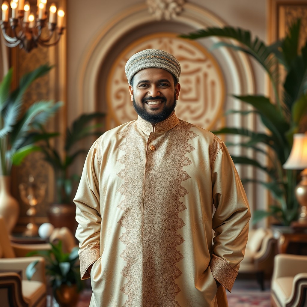 A wealthy Muslim man standing confidently in a luxurious setting, dressed in an elegant traditional outfit with intricate patterns
