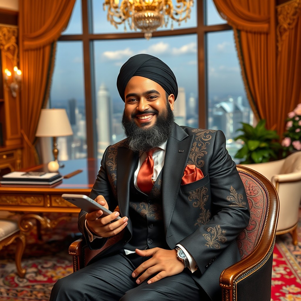 A wealthy Muslim man, dressed in an elegant tailored suit with intricate embroidery, sits confidently in a luxurious office