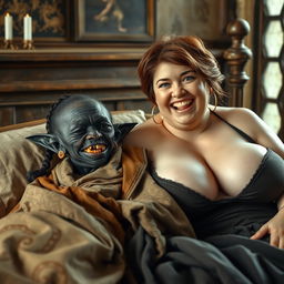 Lying on a medieval bed in a beautifully appointed medieval room, a small, malnourished black African female goblin with very dark skin and decayed teeth wears a long, fully closed Buddhist cloak