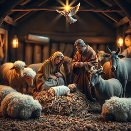 The nativity scene featuring baby Jesus lying on straw next to the Virgin Mary and Saint Joseph, surrounded by a heavenly angel above