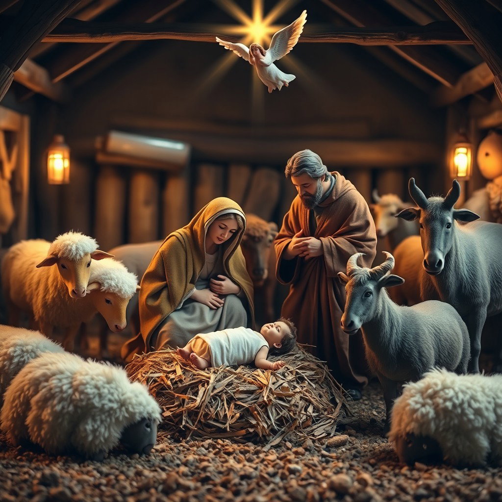 The nativity scene featuring baby Jesus lying on straw next to the Virgin Mary and Saint Joseph, surrounded by a heavenly angel above