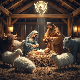 The nativity scene featuring baby Jesus lying on straw next to the Virgin Mary and Saint Joseph, surrounded by a heavenly angel above