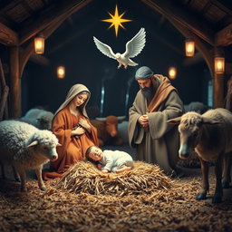 The nativity scene featuring baby Jesus lying on straw next to the Virgin Mary and Saint Joseph, surrounded by a heavenly angel above