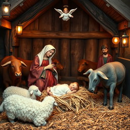 The nativity scene featuring baby Jesus lying on straw next to the Virgin Mary and Saint Joseph, surrounded by a heavenly angel above