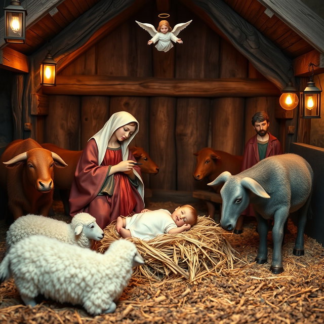 The nativity scene featuring baby Jesus lying on straw next to the Virgin Mary and Saint Joseph, surrounded by a heavenly angel above