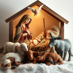 A serene nativity scene featuring baby Jesus in a manger made of straw, nestled beside the Virgin Mary and Saint Joseph