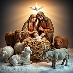 A serene nativity scene featuring baby Jesus in a manger made of straw, nestled beside the Virgin Mary and Saint Joseph
