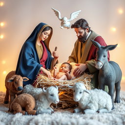 A serene nativity scene featuring baby Jesus in a manger made of straw, nestled beside the Virgin Mary and Saint Joseph