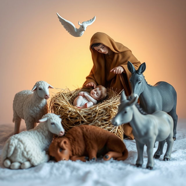 A serene nativity scene featuring baby Jesus in a manger made of straw, nestled beside the Virgin Mary and Saint Joseph