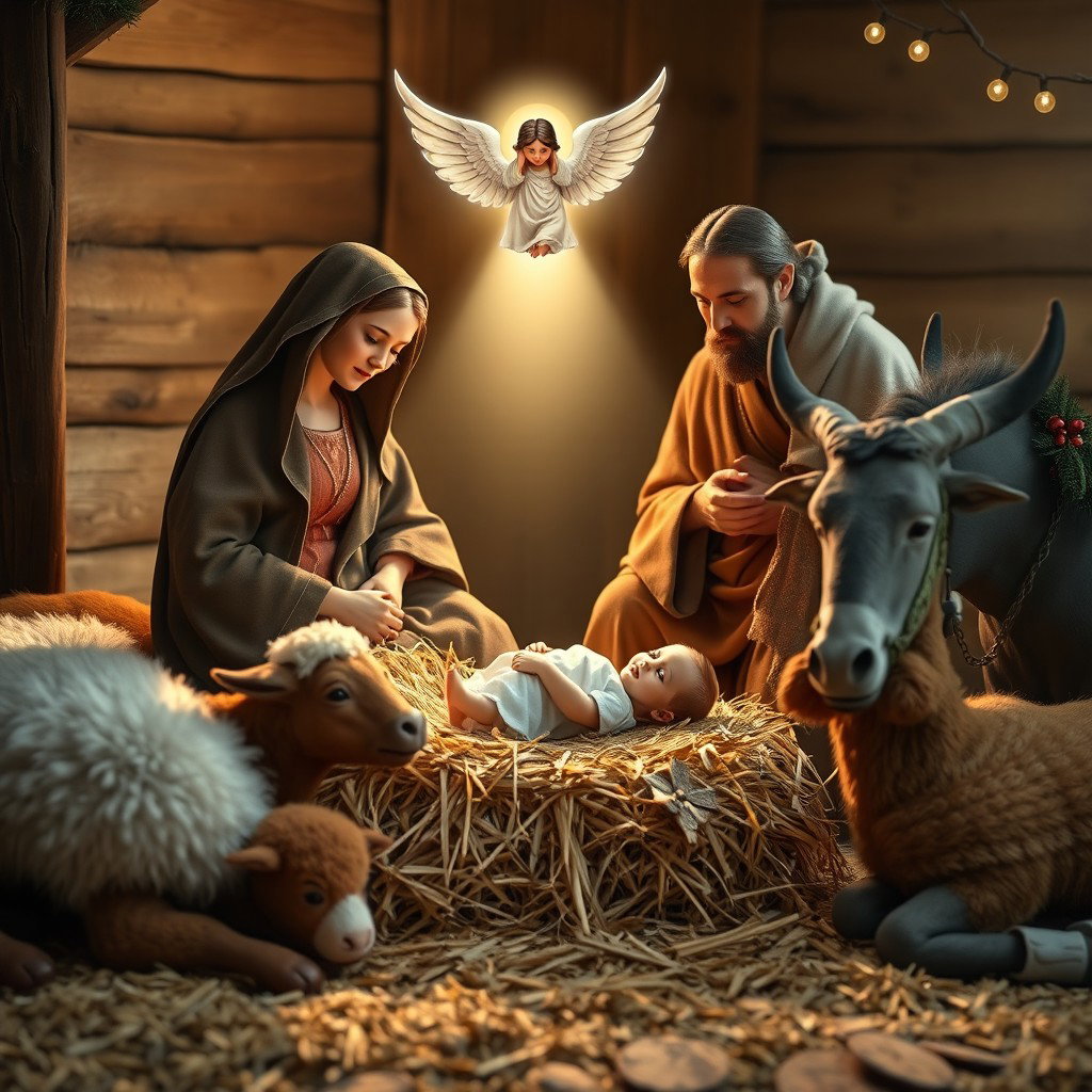 The nativity scene depicting baby Jesus lying on straw, by the Virgin Mary and Saint Joseph
