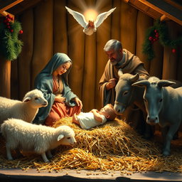 The nativity scene depicting baby Jesus lying on straw, by the Virgin Mary and Saint Joseph
