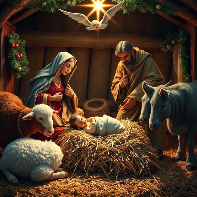 The nativity scene depicting baby Jesus lying on straw, by the Virgin Mary and Saint Joseph
