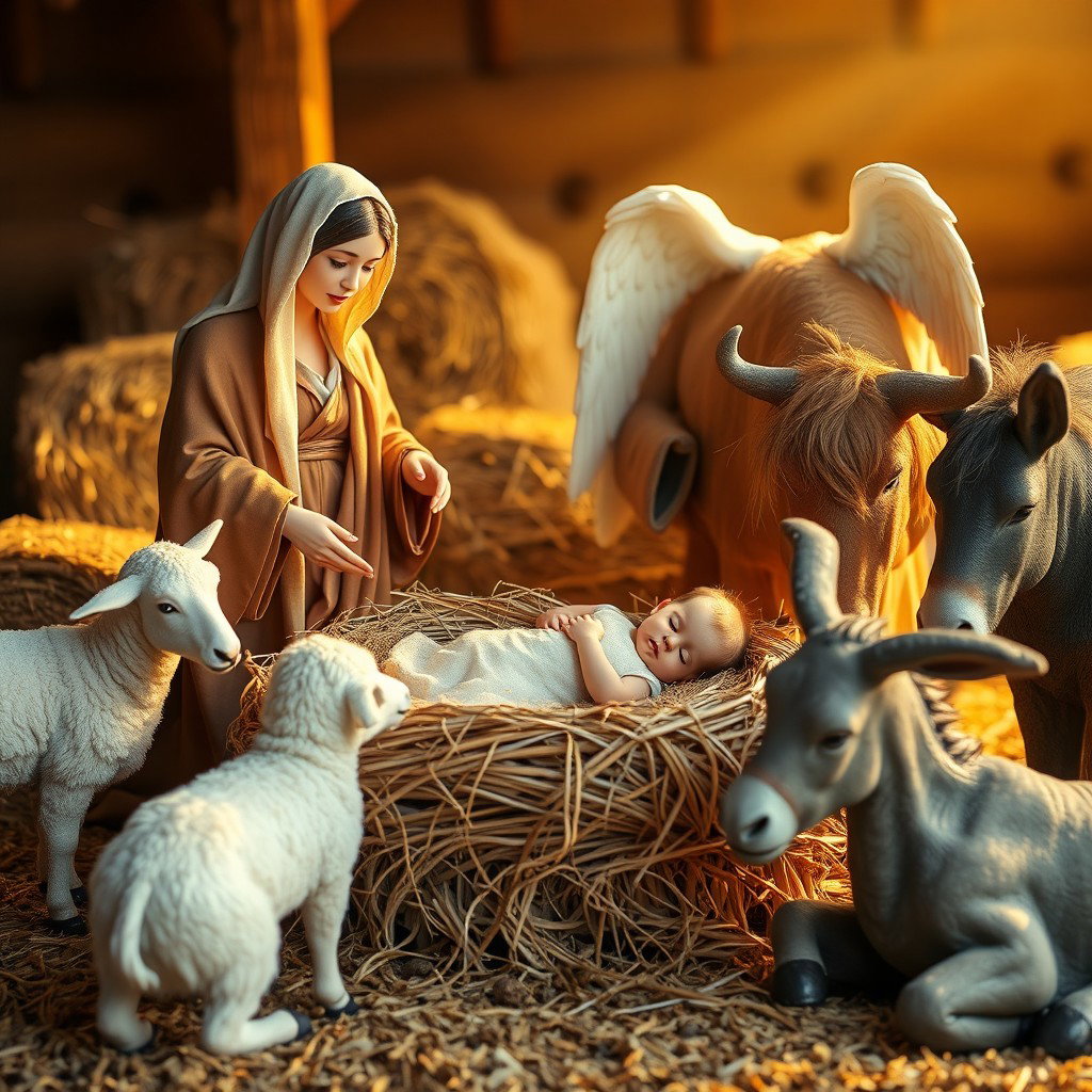 The nativity scene featuring baby Jesus lying in a straw bed beside Virgin Mary, Saint Joseph, an angel, white sheep, a brown ox, and a gray donkey